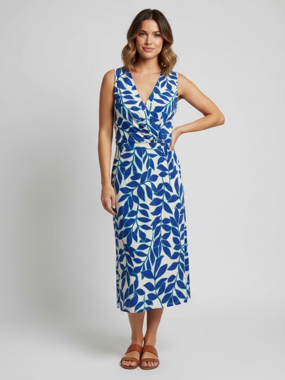 Leota Blue and White Leaf-Print Midi Dress
